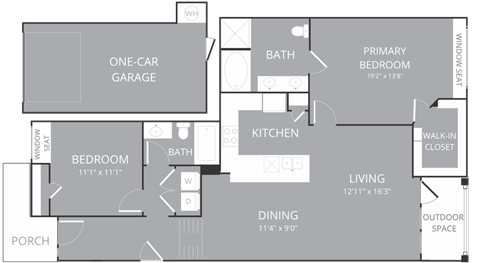 Floor plan for 2 beds, 2 baths, 1259 sqft